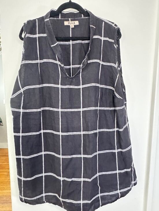 Flax Tops - FLAX 100% Linen Windowpane Tunic Dress Charcoal Black 1G Made Lithuania